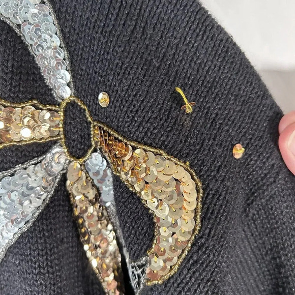 Kathie Lee Sweater Women's Large Black Knit Sequin Bows - Picture 6 of 10